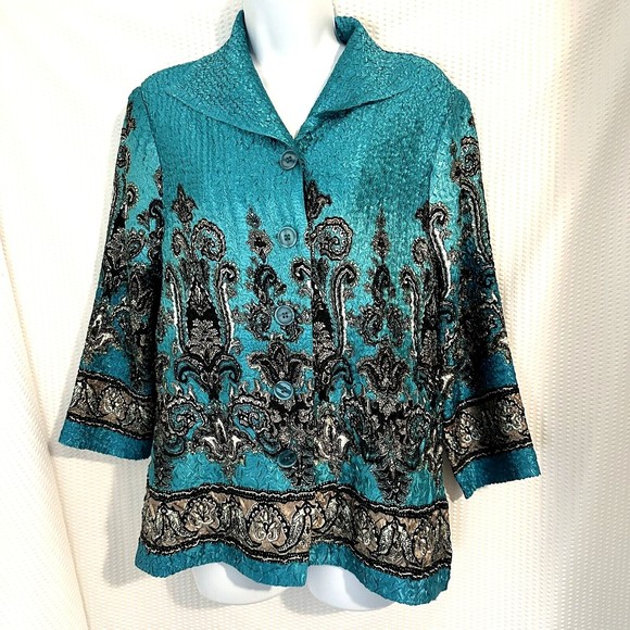 Vintage Tops - Vintage 1980s Joni B Turquoise Crinkle Silky Big Button Disco Collar Blouse Sz L